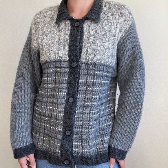 Vintage Womens 80s Wool Blend Gray Chunky Knit Geometric Cardigan Sz L - Picture 1 of 7